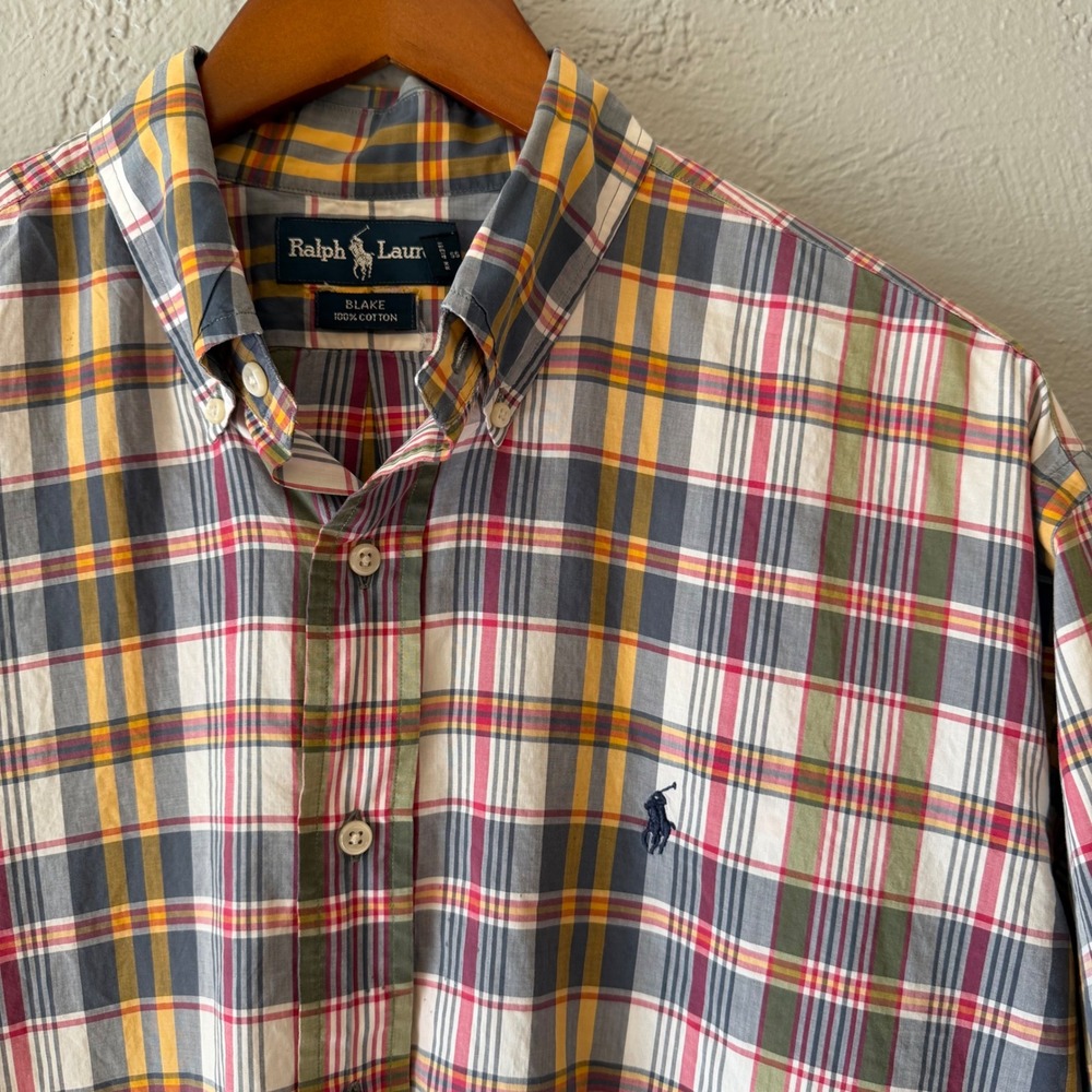 Ralph Lauren Blake Mens Large Plaid Short Sleeve Button Down Cotton Shirt Multi